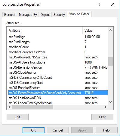 msds-expire-passwords-on-smart-card-only-accounts attribute doesn't exist|Problems with authentication on domain using smart card logon.